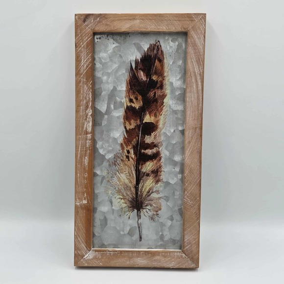 Uniquely Painted Feather Trio on Metal and Rustic Wood Framed Wall Art - Picture 2 of 16